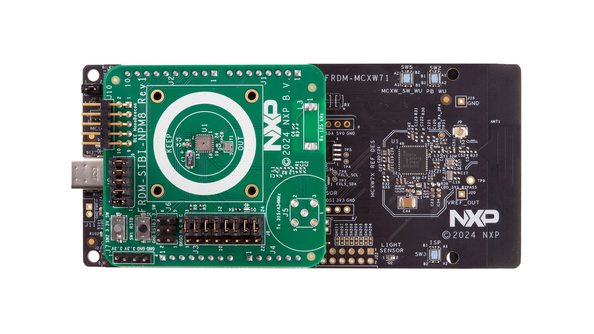 Figure 2. NPM8 shield mounted atop FRDM-MCXW71 development board
