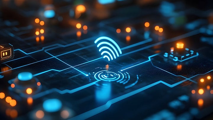 高细节呈现：电路板上闪耀的无线信号图标，象征着恩智浦蓝牙信道探测技术——为汽车安全门禁而生，精准防御中继攻击。