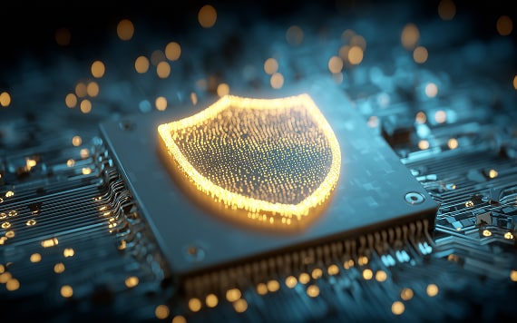 数字图示：嵌入电路板的流光盾甲，象征着现代嵌入式系统值得信赖的边缘安全、数据保护及防篡改机制。