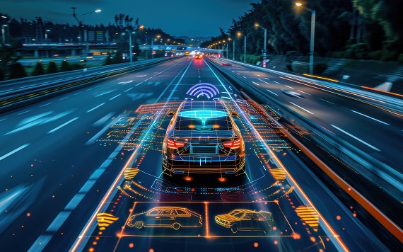 一辆极具未来感的互联汽车疾驰于流光溢彩的智能出行隧道之中，生动诠释了智能交通、汽车网络与实时数据系统的技术图景。