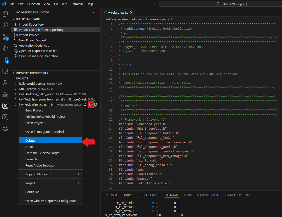 Build and flash application using MCUXpresso for VS Code IDE - step 8