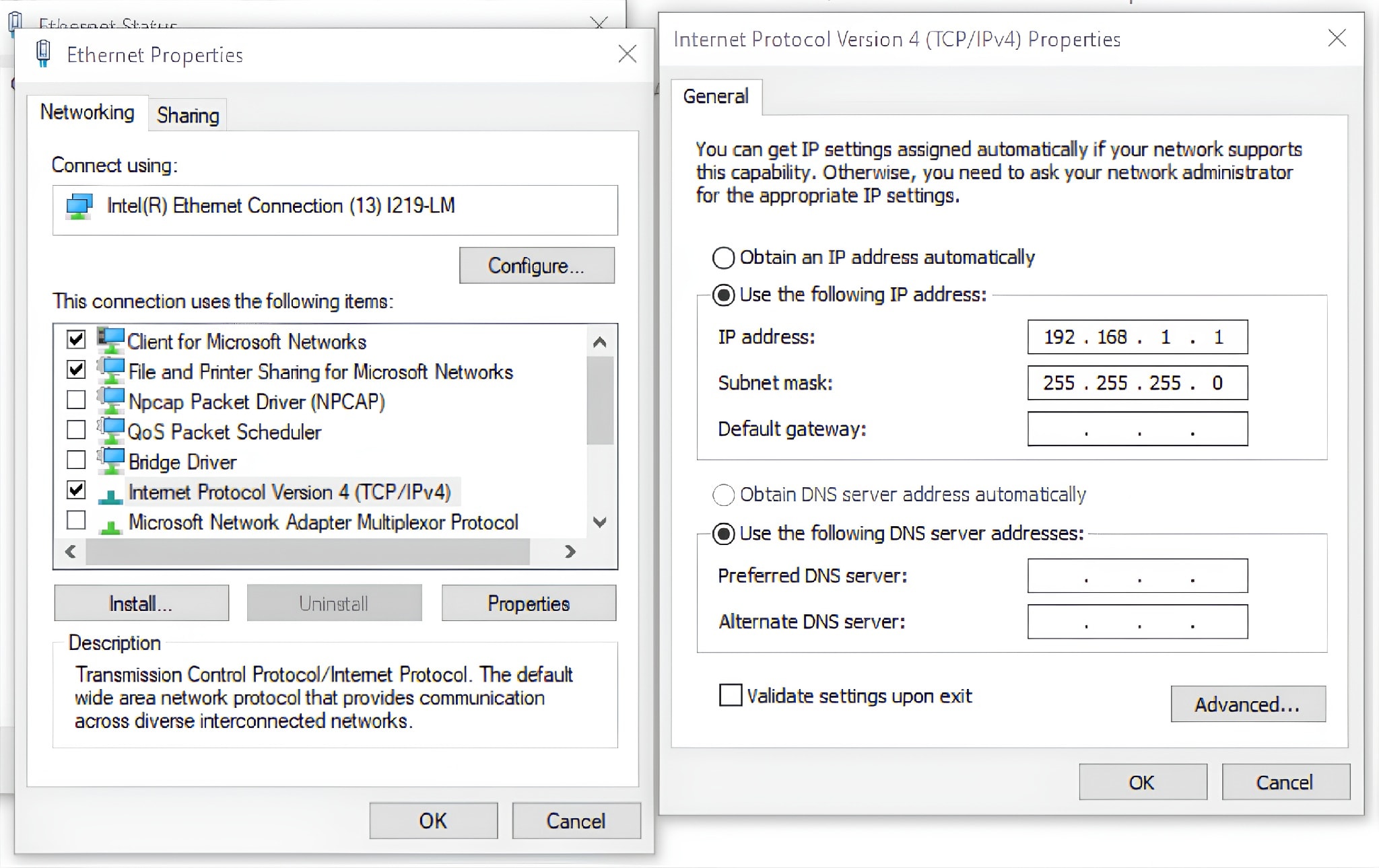 Figure 1. Ethernet Port Configuration on Windows 10