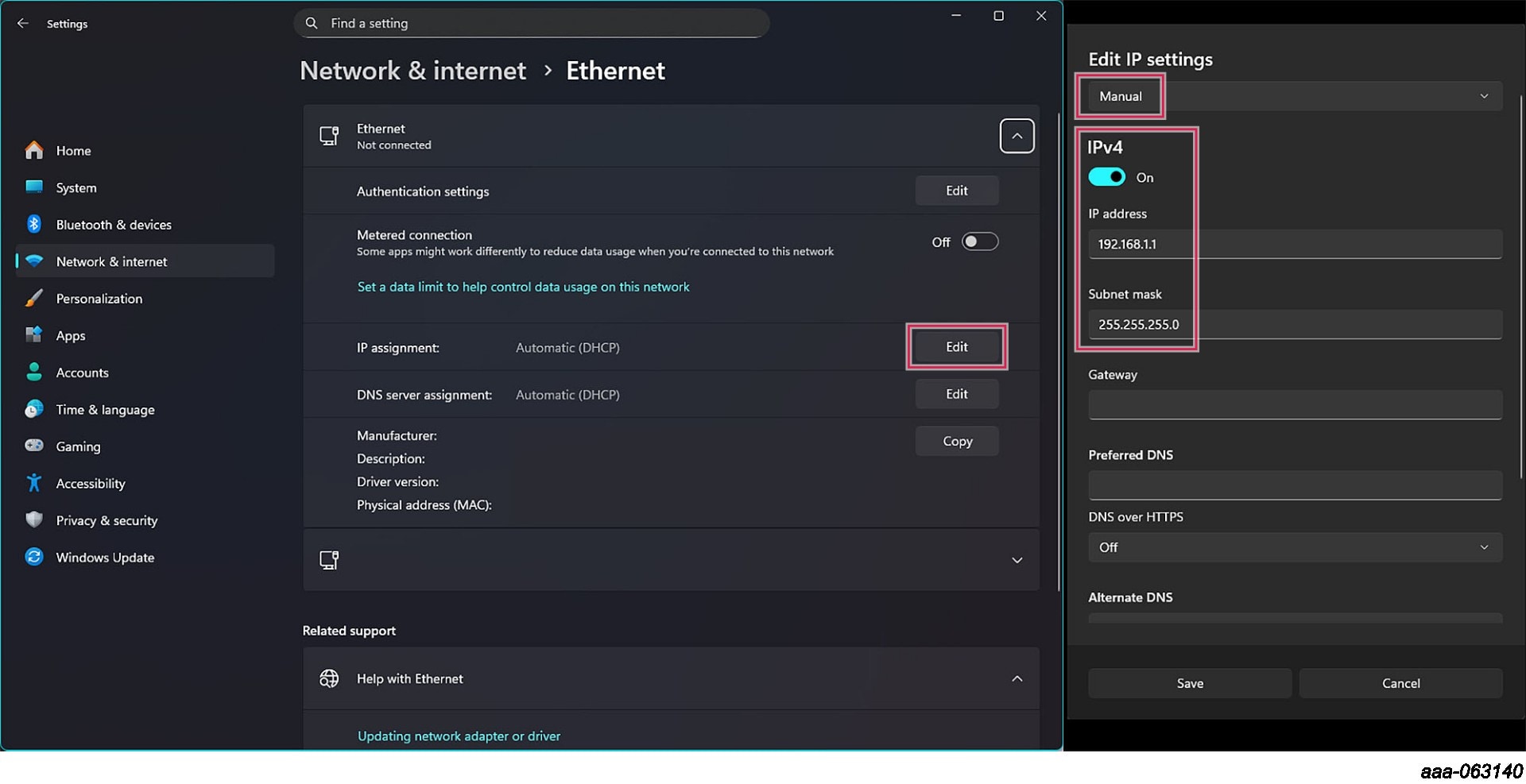 Figure 2. Ethernet Port Configuration on Windows 11